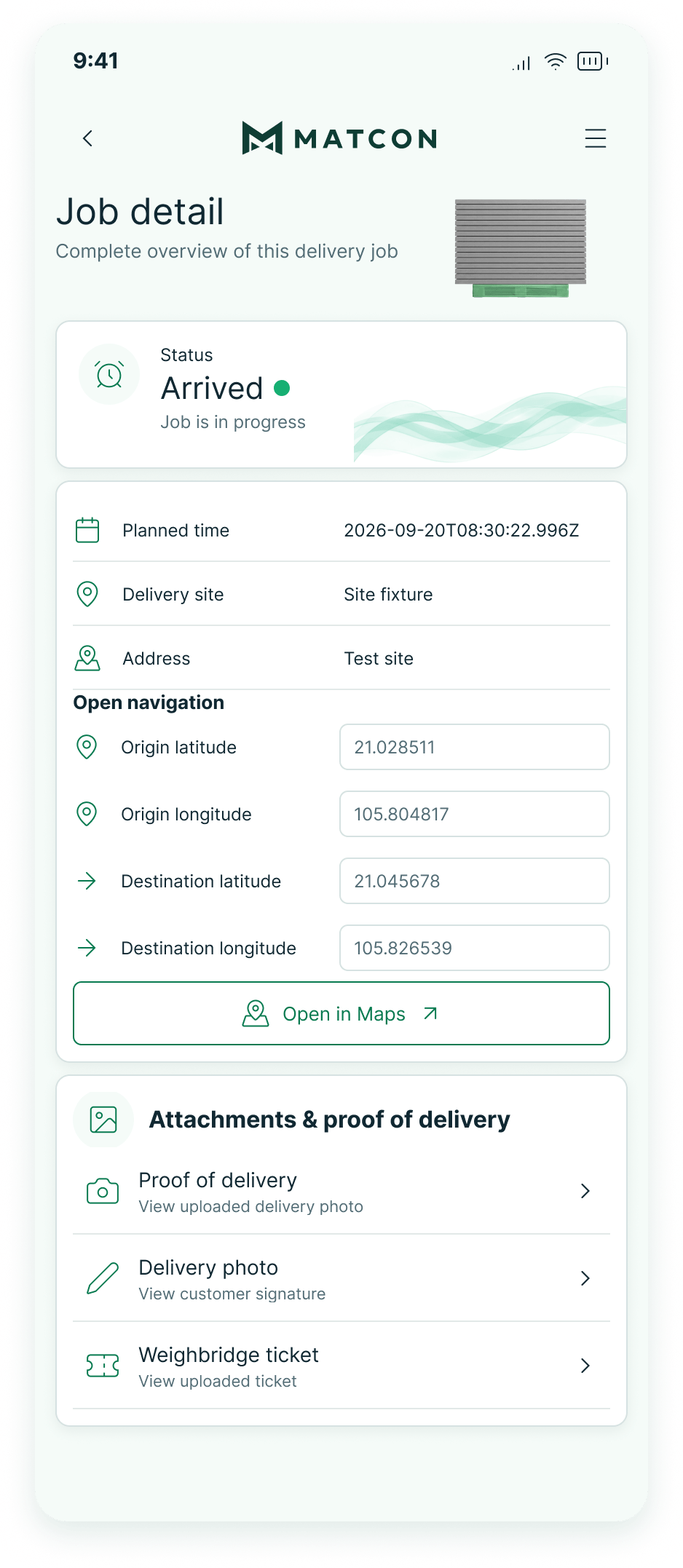 Matcon mobile app showing order tracking and delivery coordination